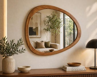 Asymmetrical Wood Mirror, Irregular Organic Shape Vanity Decor
