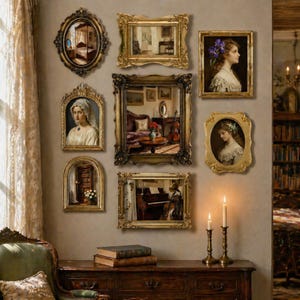 May include: A collection of ornate, gold-framed mirrors and paintings of various shapes and sizes adorn a wall. The artwork includes portraits and interior scenes. A wooden cabinet with books and candles sits below the display, enhancing the vintage aesthetic.