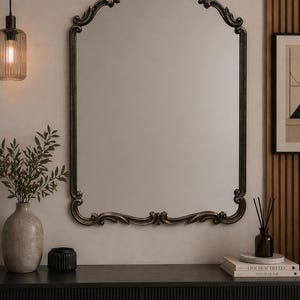 Antique Black Carved Arch Wood Wall Mirror (30"L x 22"W) Vintage Entryway Vanity Décor