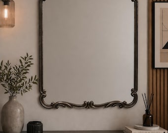 Antique Black Carved Arch Wood Wall Mirror (30"L x 22"W) Vintage Entryway Vanity Décor