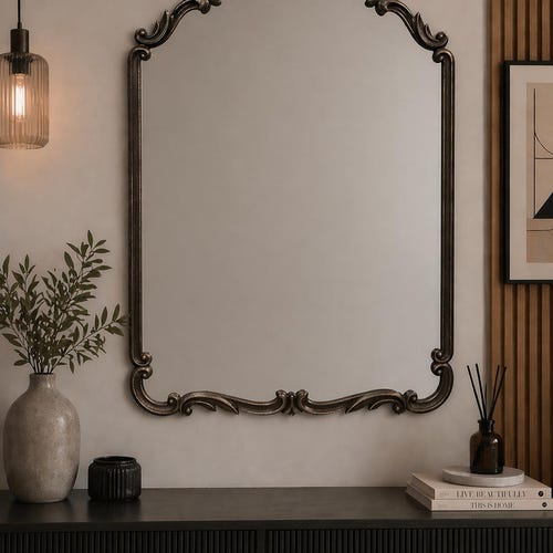 Miroir mural noir antique en bois voûté (30 po. L x 22 po. l) Déco vintage pour meuble-lavabo d'entrée