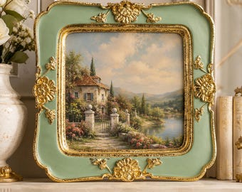 Vintage Ornate Resin Picture Frame, Green Gold Oval Display, Gallery Wall Décor