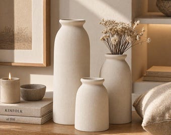 Ceramic Vase Set of 3, Small Flower Vases Decor, Boho Farmhouse Vases for Pampas Grass, Neutral Shelf Table Centerpiece Set
