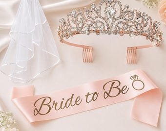 Bride to Be Tiara Veil Sash Set, Rhinestone Bridal Shower Accessories Kit