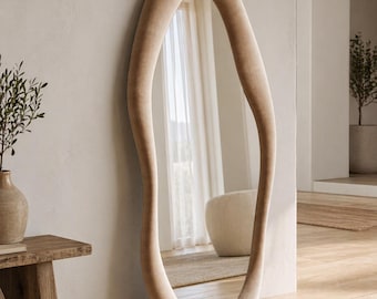 Asymmetrical Irregular Wavy Full Length Mirror, Flannel Wrapped Frame, Leaning Wall Mirror