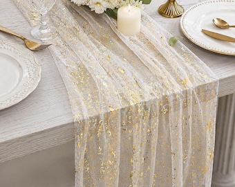 Sheer Gauze Table Runner, Gold Foil Wedding Decor, Polyester (120"L x 28"W)