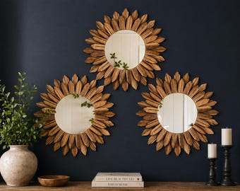 Set of 3 Boho Sunburst Mirrors, Rustic Wood Wall Decor, Round Gallery Accents