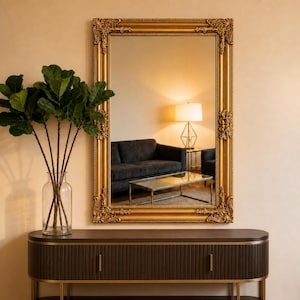 May include: A rectangular wall mirror with an ornate, metallic gold frame featuring intricate scrollwork and floral carvings. The mirror reflects a living room interior with a dark sofa, a glass coffee table, and a lamp with a white shade.