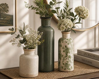 Ceramic Vase Set, Neutral Farmhouse Pottery Decor, Rustic Flower Vases