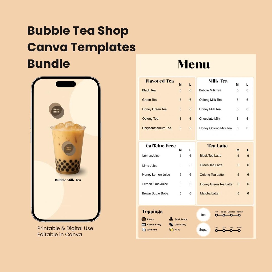 Tea Shop Templete Bubble Tea Shop Canva Template Bundle - Etsy