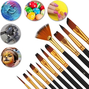 May include: A collection of paint brushes with black handles and gold ferrules. The brushes vary in size and shape, including round, flat, and fan brushes. The image also includes examples of art, including painted eggs, nail art, and face painting.