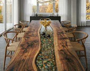 Custom Walnut River Dining Table | Natural Stone Inlay Live Edge Furniture