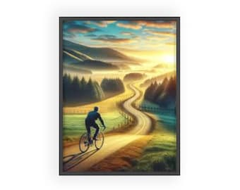 Poster con ciclista su strada tortuosa / Quadro da parete con paesaggio all'alba