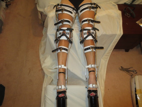 Polio Leg Brace KAFO Medical Splint Braces Legs Black & White Leather Metal  