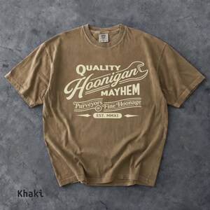 Retro Hoonigan Mayhem Graphic Shirt, Street Racing Car Culture Tee Khaki