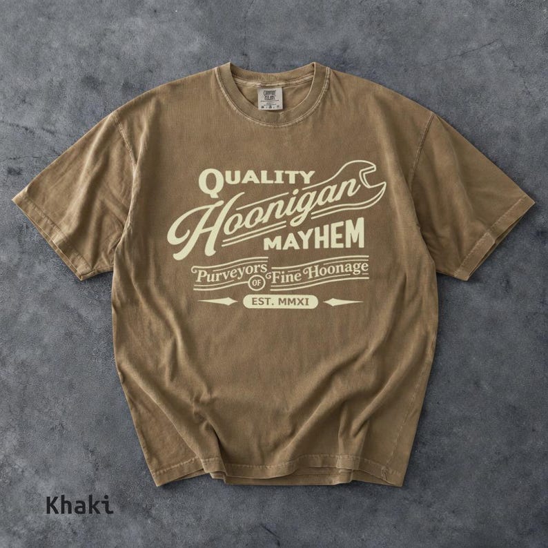 Retro Hoonigan Mayhem Graphic Shirt, Street Racing Car Culture Tee Khaki