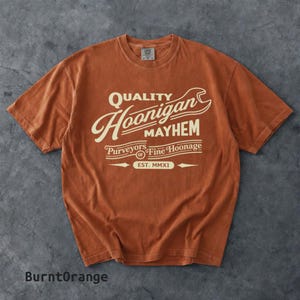 Retro Hoonigan Mayhem Graphic Shirt, Street Racing Car Culture Tee Burnt Orange