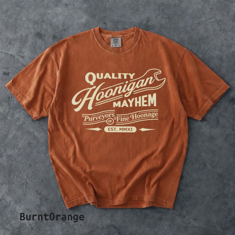 Retro Hoonigan Mayhem Graphic Shirt, Street Racing Car Culture Tee Burnt Orange