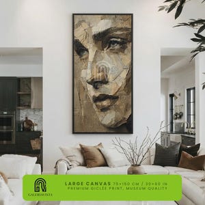 Op Madonna geïnspireerde portretdoek, grote verticale mediamuurkunst, neutraal getextureerd collagekunstwerk, statement decor