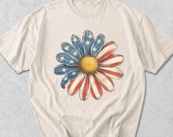 Camiseta con estampado de margaritas patrióticas en colores cómodos, camiseta con la bandera estadounidense y flores, estampado del 4 de julio, diseño rojo, blanco y azul.