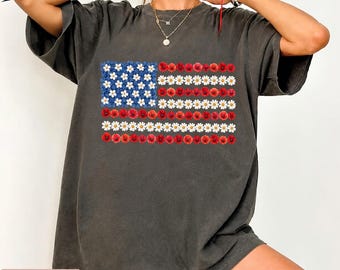 Floral USA Flag Comfort Colors Shirt, Americana Wildflower Tee, Patriotic Garden Graphic, Independence Day Design