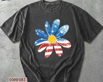 Camiseta Floral USA Comfort Colors, Camiseta Patriótica con Margaritas, Gráfico de Flores de la Bandera Americana, Rojo Blanco Azul, Cuatro de Julio