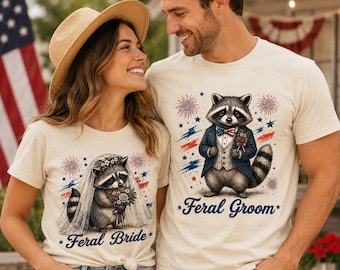 Camiseta de novios salvajes, camiseta de boda a juego con mapache, camisetas divertidas para parejas, colores cómodos para novios patrióticos