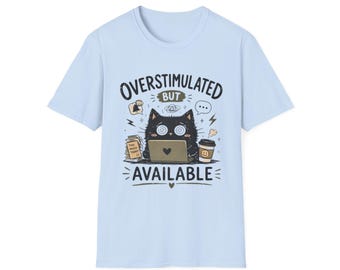 Overstimulated Cat T-Shirt | Coffee Laptop Illustration Tee