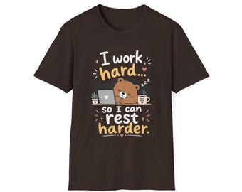 Sleepy Bear Working Hard T-Shirt | Cozy Laptop Desk Illustration