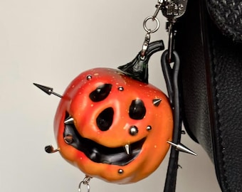 Punk Spiked Pumpkin & Skeleton Mummy Bag Charms, Gothic Halloween Keychain Set