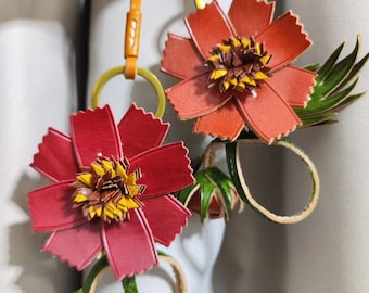 Handmade Genuine Leather Cosmos Flower Bag Charm, Full Grain Cowhide Floral Keychain