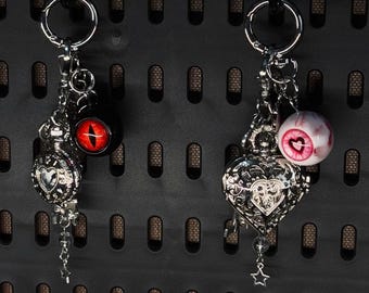 Gothic Eyeball Pocket Watch Heart Locket Keychain, Dark Y2K Bag Charm