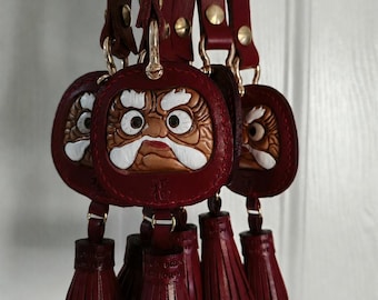 Hand Carved Daruma Genuine Leather Keychain, Japanese Lucky Tassel Car Hanging Ornament, Fortune Bag Charm