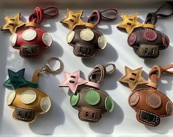 Handmade Genuine Leather Mario Mushroom Star Bag Charm, Double Sided Game Keychain Bag Pendant