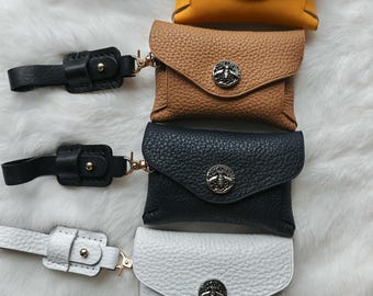 Genuine Leather Mini Coin Purse, Bee Snap Envelope Pouch, Earbud Case with Detachable Key Wrist Strap
