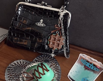Mint Chocolate Waffle Corset Apple Bag Charm, Sweet Food Keychain