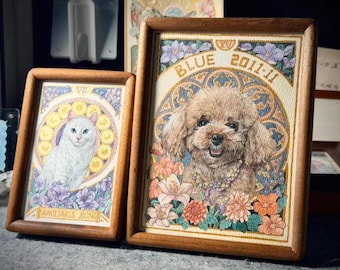 Custom Mucha Style Pet Watercolor Framed Art, Personalized Cat Dog Portrait