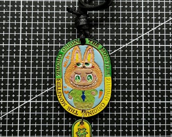 Hand Carved Labubu Genuine Leather Keychain, The Monsters Hand Painted Car Hanging Ornament, Chinese Lucky Fortune Bag Charm
