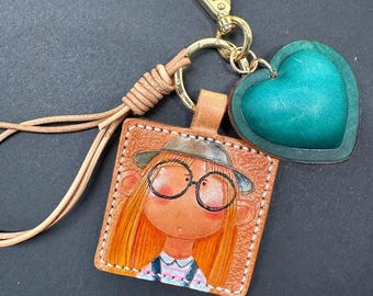 Handmade Leather Carved Cartoon Girl Bag Charm, Cowhide Portrait Keychain With Green Heart