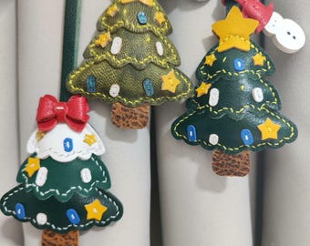 Handmade Genuine Leather Christmas Tree Charm, Star Bow Design, Single & Double Sided Bag Keychain Ornament