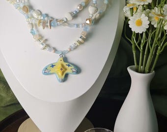 Handmade Star Bird Pendant Necklace, Stone Polymer Clay Flying Bird Charm, Mixed Natural Beaded Chain, Coastal Summer Cottagecore Jewelry