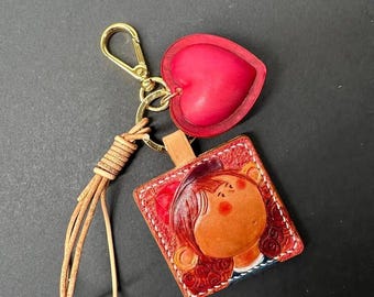 Hand Carved Leather Cartoon Girl Portrait Keychain, Custom Photo Bag Charm With Red Heart