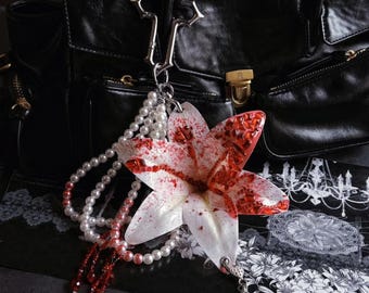 Gothic Lily Bag Charm, Punk Cross Carabiner Flower Keychain