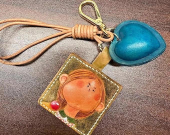 Hand Carved Leather Girl Portrait Keychain, Blue Heart Bag Charm