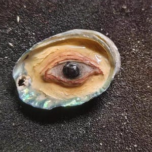 May include: An oval-shaped abalone shell featuring a hand-painted human eye in the center. The eye has a dark pupil, a light iris, and reddish-brown skin tones surrounding the eye. The shell has an iridescent, pearlescent edge with a smooth finish.