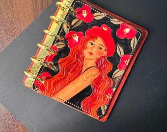 A7 Hand Carved Leather Journal, Girl & Camellia Floral Notebook