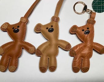 Handmade Genuine Leather Teddy Bear Bag Charm, Cute Bear Keychain Bag Pendant