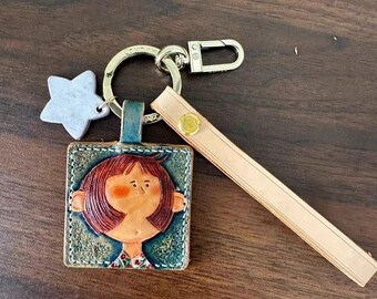 Handmade Leather Carved Short Hair Girl Bag Charm, Portrait Keychain With Star