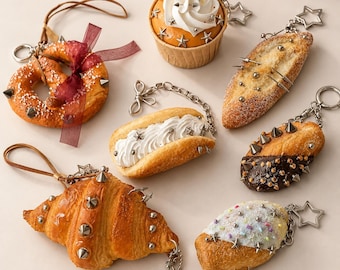 Punk Spiked Fake Food Bread Keychain, Gothic Mini Pastry Bag Charm