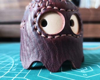 Handmade Leather Pac-Man Ghost Bag Charm, Genuine Cowhide Monster Keychain